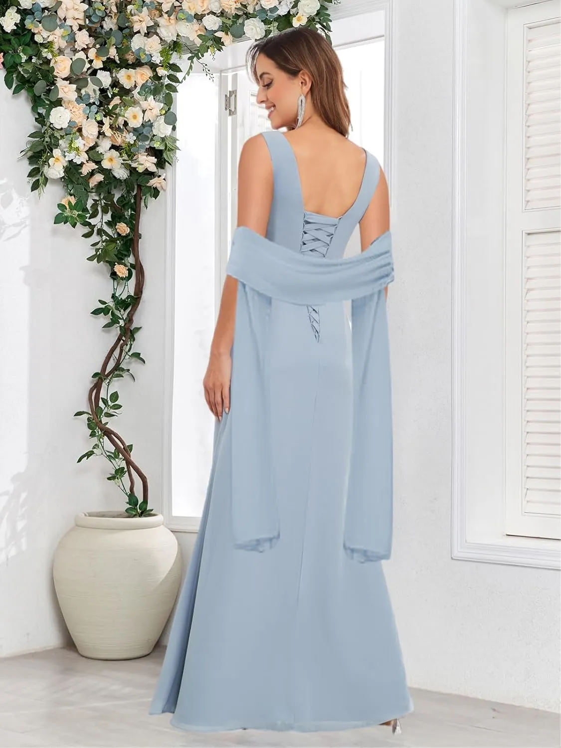 Mother of The Bride Dresses with Shawl Sleeveless for Wedding Chiffon V Neck Ruffle Long Formal Evening Dress