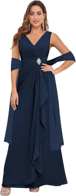 Mother of The Bride Dresses with Shawl Sleeveless for Wedding Chiffon V Neck Ruffle Long Formal Evening Dress
