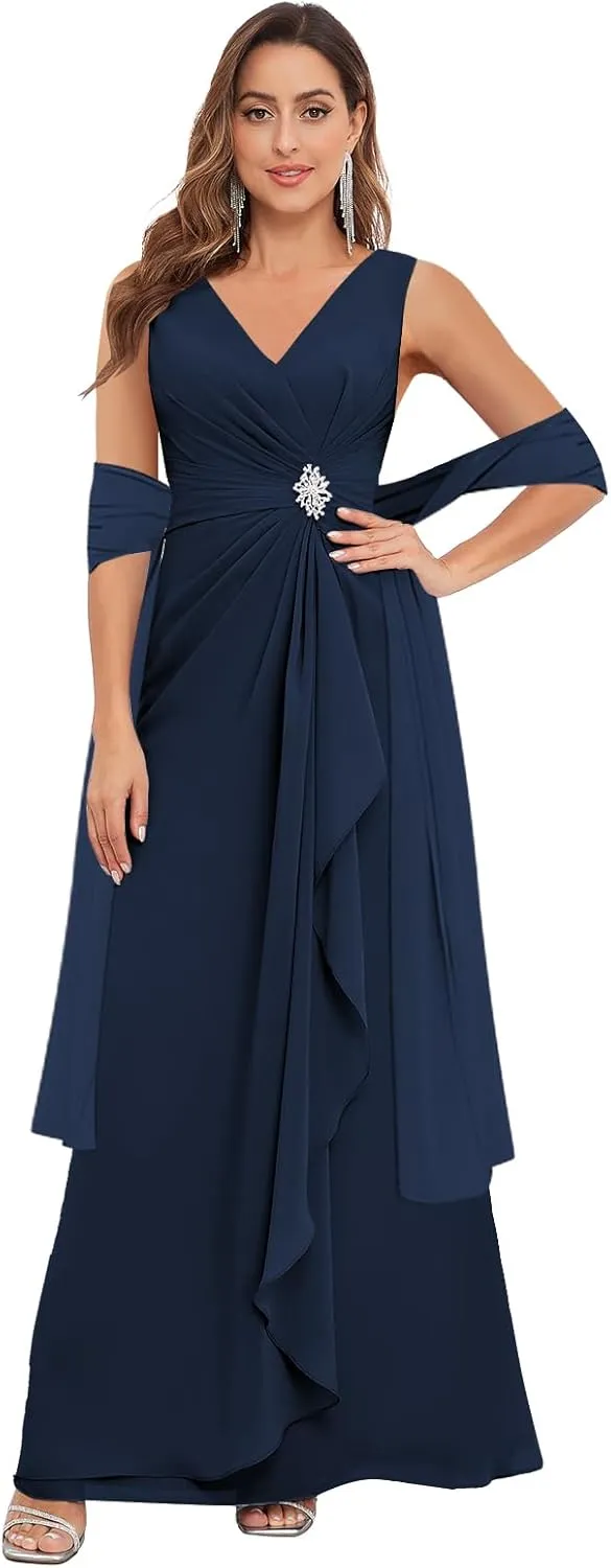 Mother of The Bride Dresses with Shawl Sleeveless for Wedding Chiffon V Neck Ruffle Long Formal Evening Dress