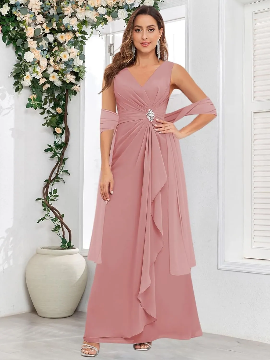 Mother of The Bride Dresses with Shawl Sleeveless for Wedding Chiffon V Neck Ruffle Long Formal Evening Dress
