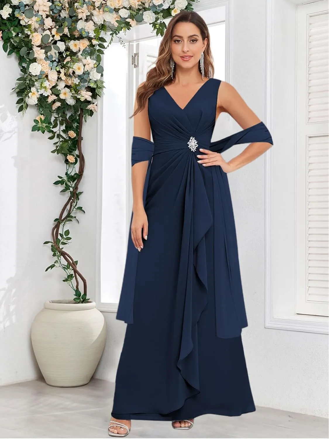 Mother of The Bride Dresses with Shawl Sleeveless for Wedding Chiffon V Neck Ruffle Long Formal Evening Dress
