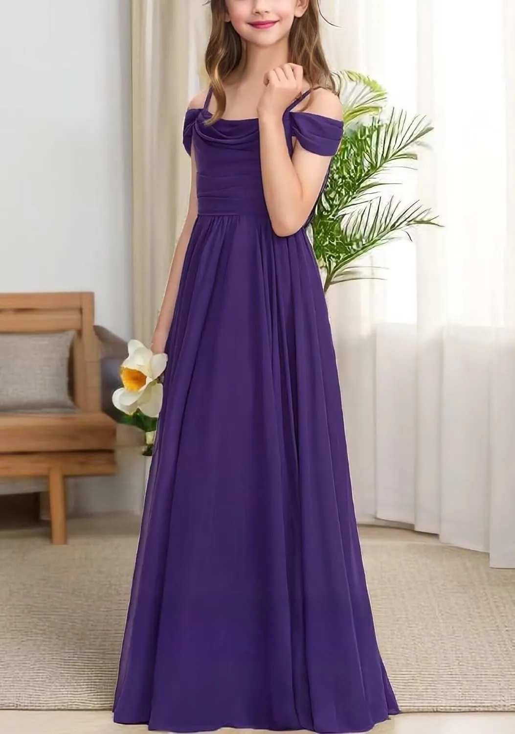 Mulesy Cold Shoulder Juniors Bridesmaid Dresses for Wedding Spaghetti Straps Chiffon Long Teens Girls Party Gowns
