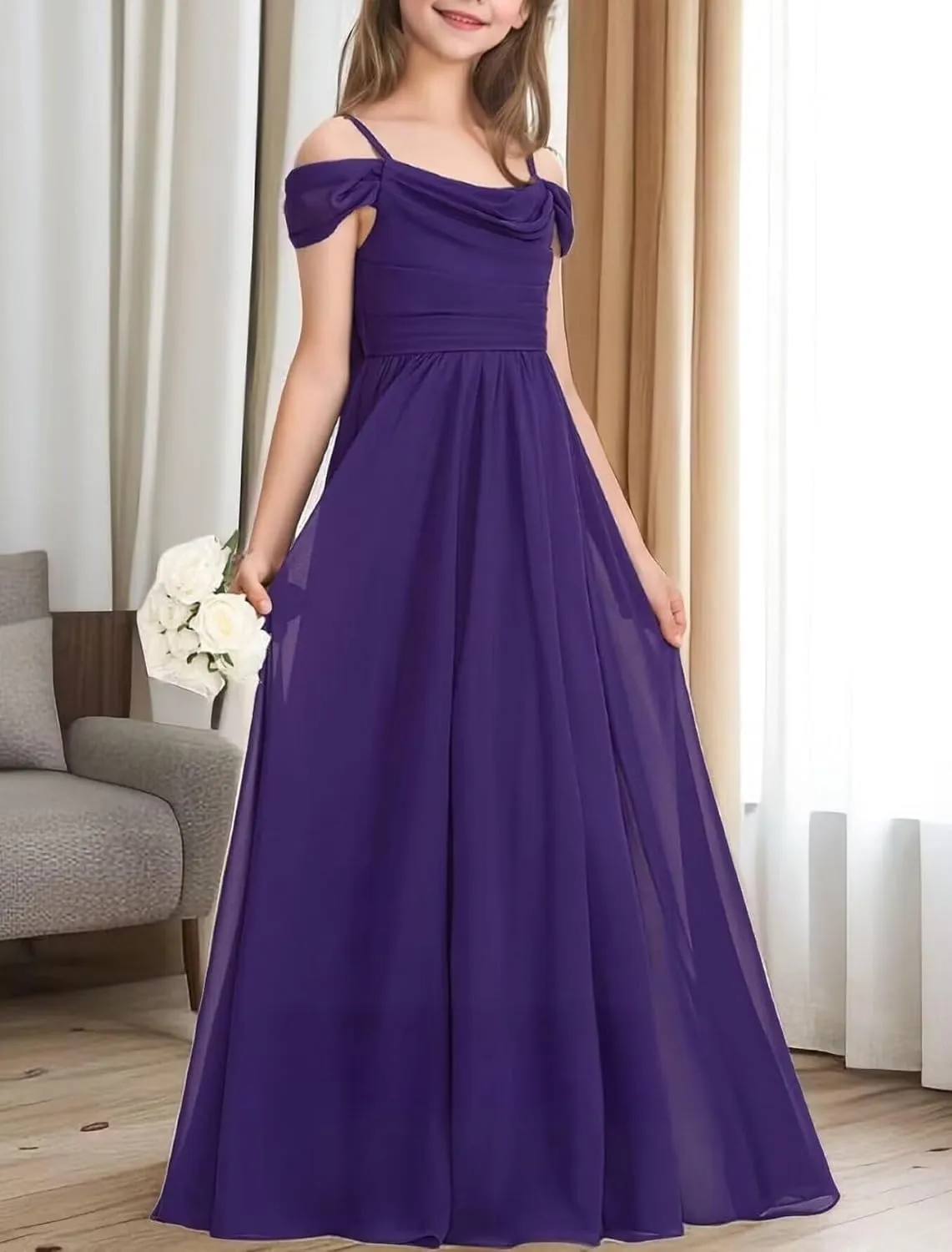 Mulesy Cold Shoulder Juniors Bridesmaid Dresses for Wedding Spaghetti Straps Chiffon Long Teens Girls Party Gowns