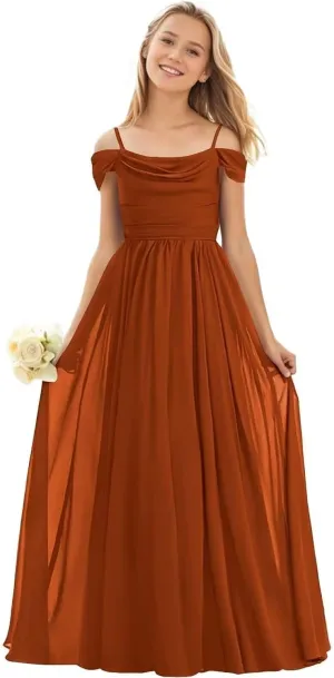Mulesy Cold Shoulder Juniors Bridesmaid Dresses for Wedding Spaghetti Straps Chiffon Long Teens Girls Party Gowns