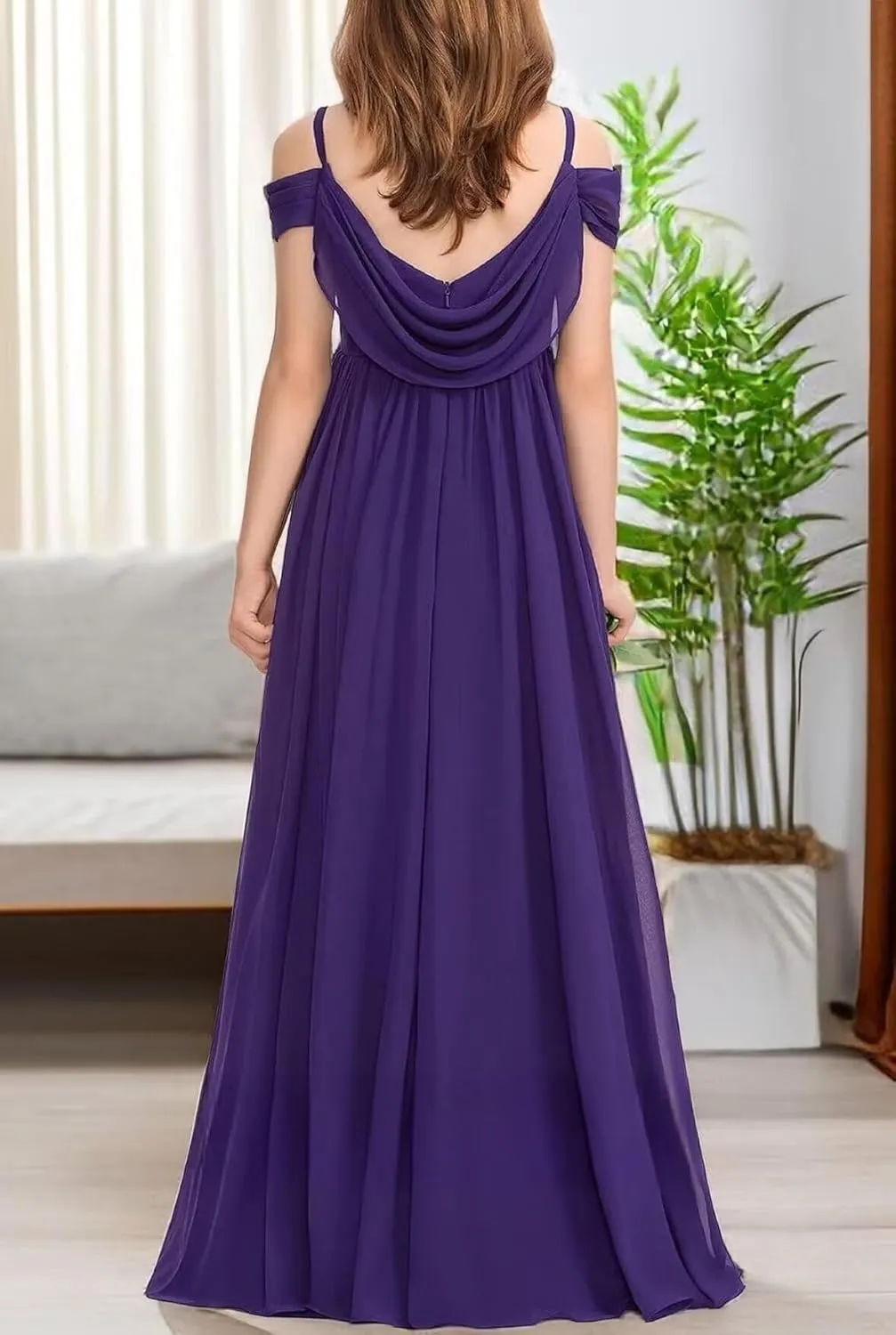 Mulesy Cold Shoulder Juniors Bridesmaid Dresses for Wedding Spaghetti Straps Chiffon Long Teens Girls Party Gowns
