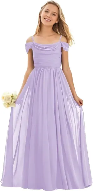 Mulesy Cold Shoulder Juniors Bridesmaid Dresses for Wedding Spaghetti Straps Chiffon Long Teens Girls Party Gowns