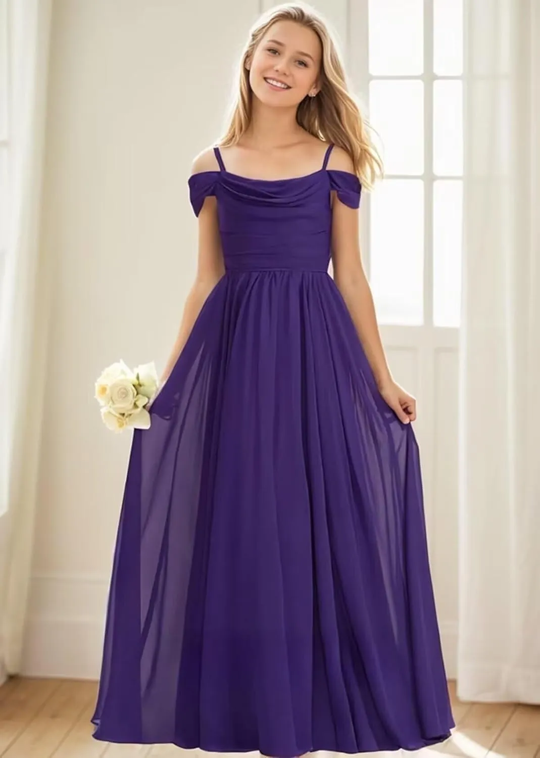 Mulesy Cold Shoulder Juniors Bridesmaid Dresses for Wedding Spaghetti Straps Chiffon Long Teens Girls Party Gowns