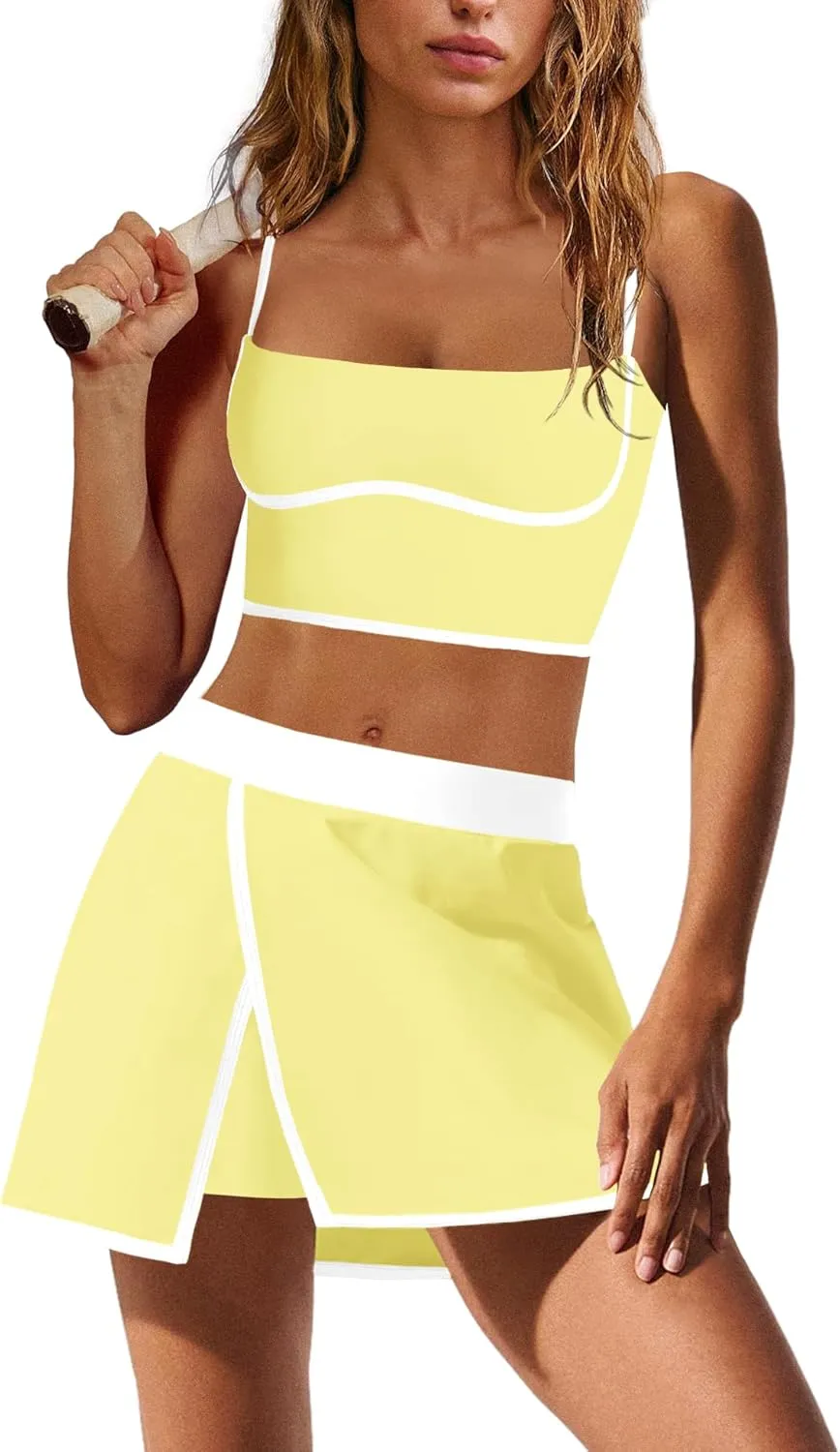 Nirovien Womens Workout Sets Tennis Skirt Sets with Built in Shorts 2 Piece Athletic Gym Clothes Tank Top and Skort