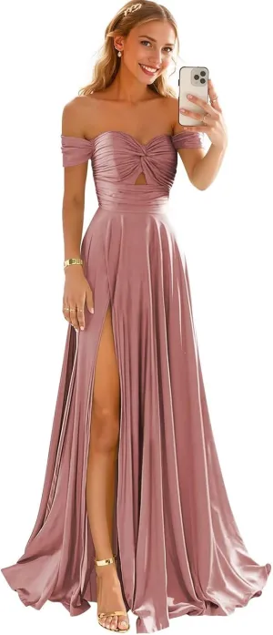 Off Shoulder Satin Bridesmaid Dresses for Women Slit 2025 Sweetheart Pleated Long Formal Prom Dress with Pockets