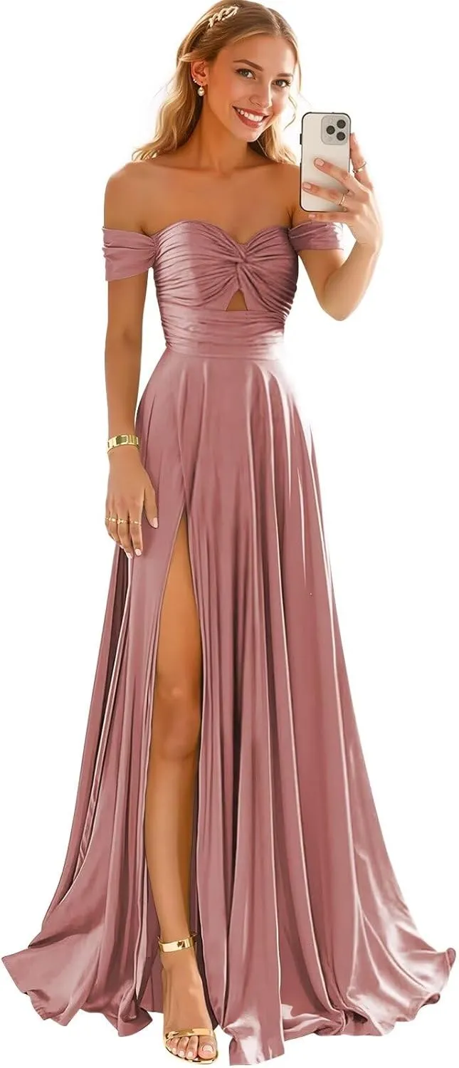 Off Shoulder Satin Bridesmaid Dresses for Women Slit 2025 Sweetheart Pleated Long Formal Prom Dress with Pockets