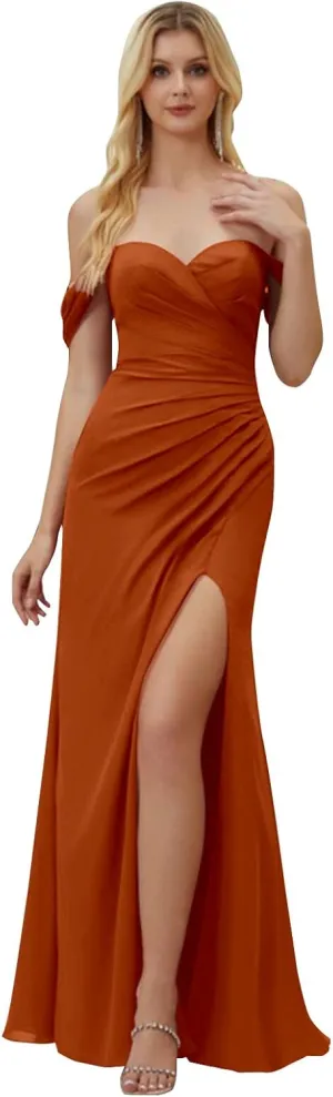 Off The Shoulder Mermaid Bridesmaid Dresses with Slit Long Chiffon Pleated Corset Formal Evening Prom Dress