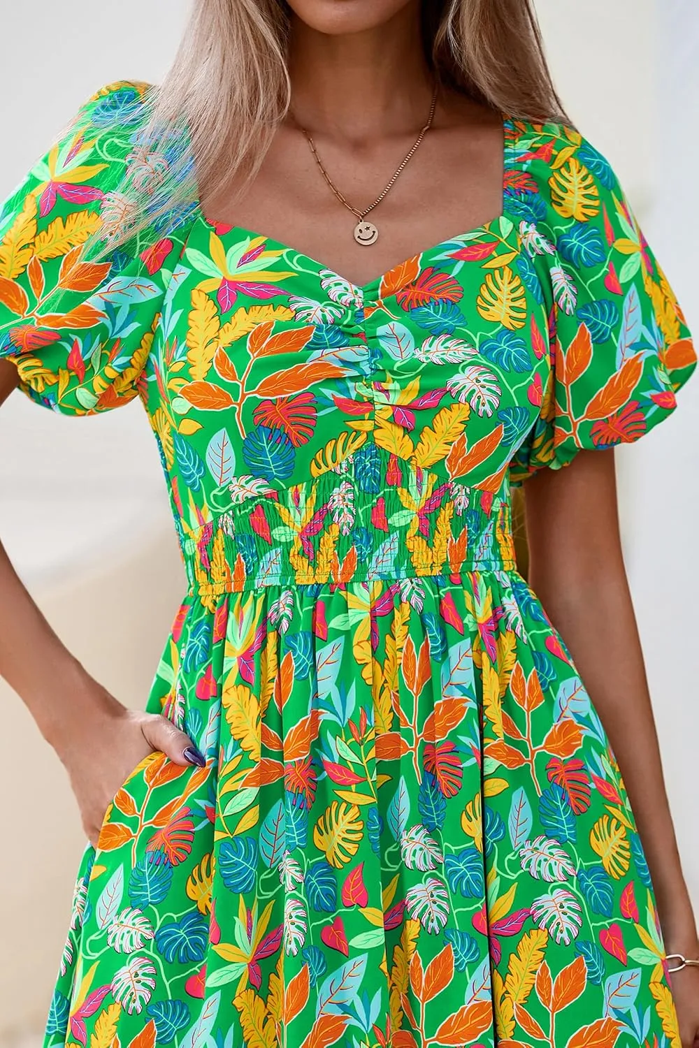 Okiwam Womens Summer Dresses 2025 Spring Floral Maxi Sundress Puff Sleeve Smocked Flowy Beach Vacation Wedding Guest Dress