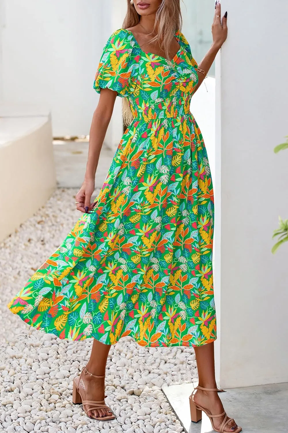 Okiwam Womens Summer Dresses 2025 Spring Floral Maxi Sundress Puff Sleeve Smocked Flowy Beach Vacation Wedding Guest Dress