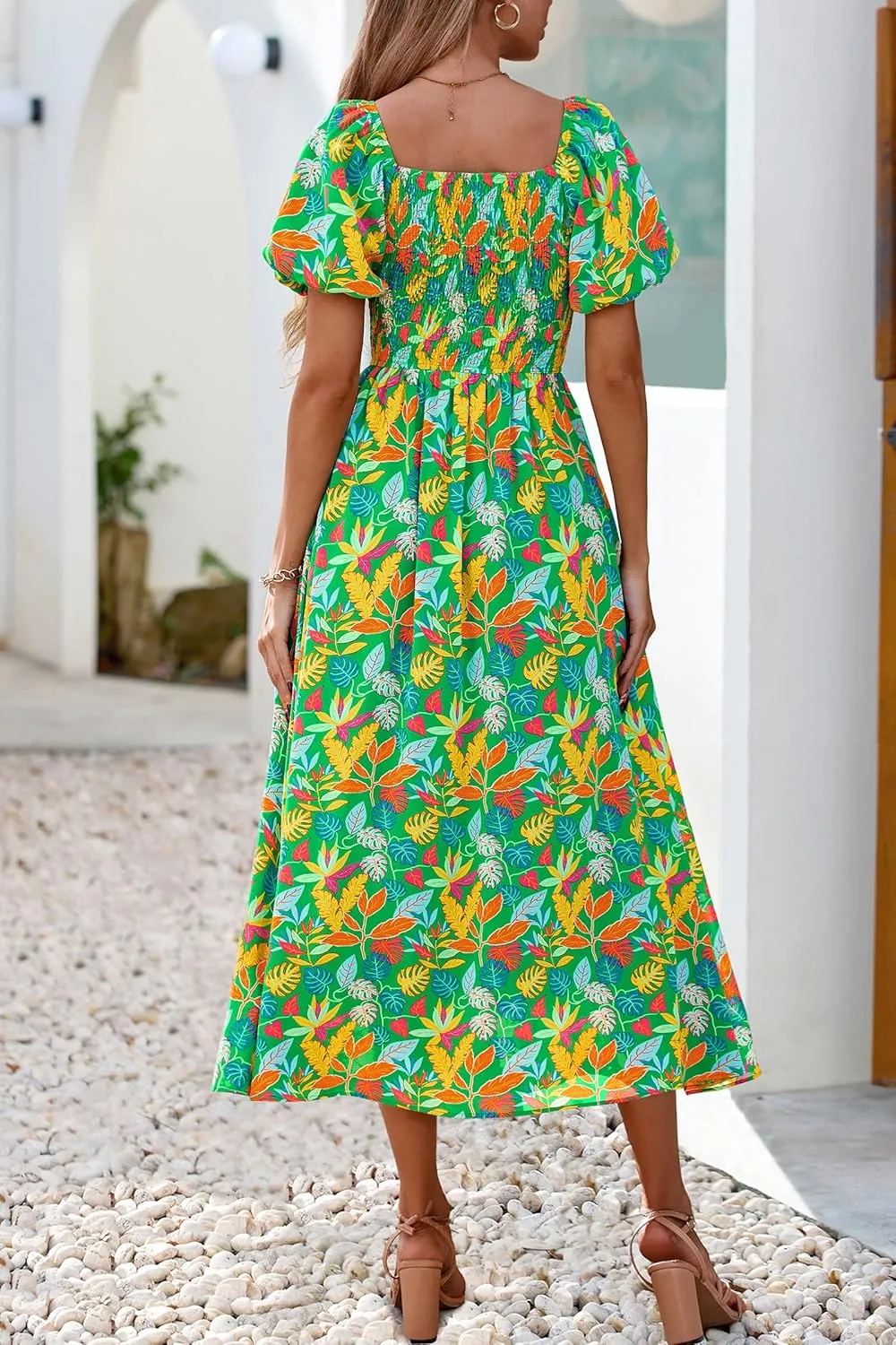 Okiwam Womens Summer Dresses 2025 Spring Floral Maxi Sundress Puff Sleeve Smocked Flowy Beach Vacation Wedding Guest Dress