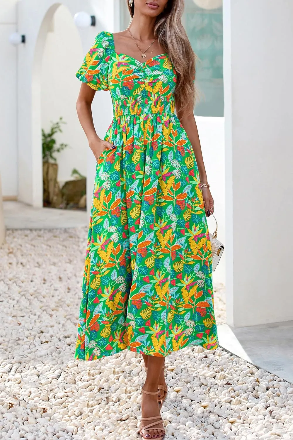 Okiwam Womens Summer Dresses 2025 Spring Floral Maxi Sundress Puff Sleeve Smocked Flowy Beach Vacation Wedding Guest Dress