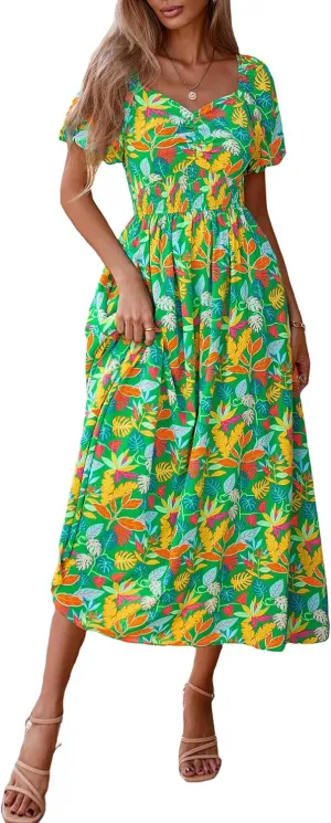 Okiwam Womens Summer Dresses 2025 Spring Floral Maxi Sundress Puff Sleeve Smocked Flowy Beach Vacation Wedding Guest Dress
