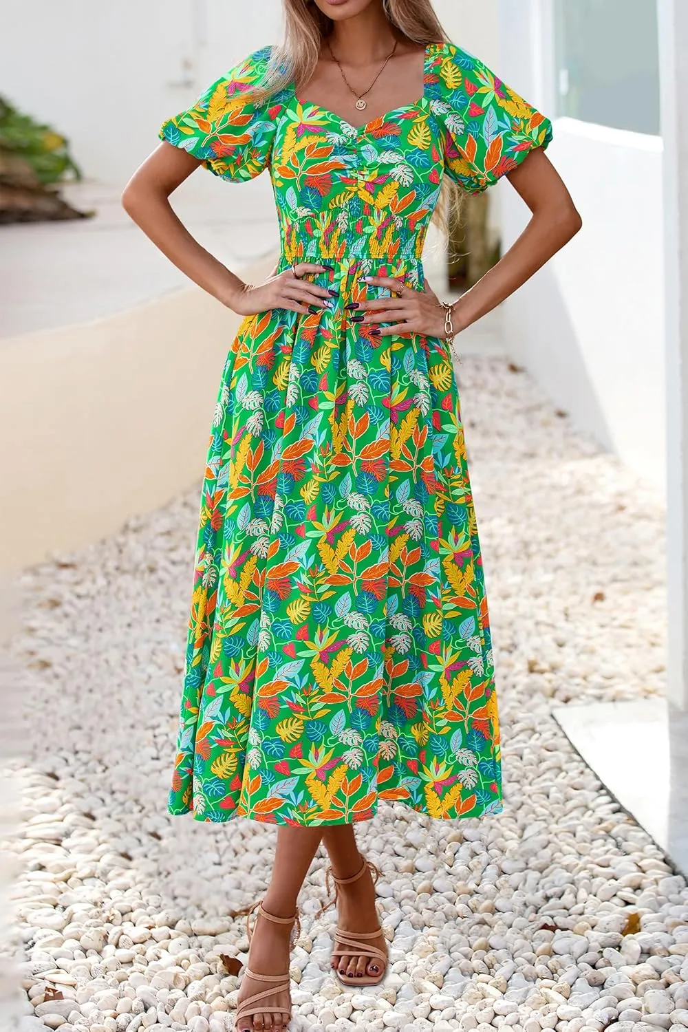 Okiwam Womens Summer Dresses 2025 Spring Floral Maxi Sundress Puff Sleeve Smocked Flowy Beach Vacation Wedding Guest Dress