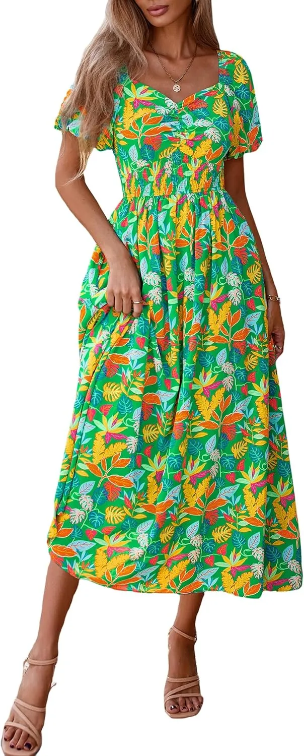 Okiwam Womens Summer Dresses 2025 Spring Floral Maxi Sundress Puff Sleeve Smocked Flowy Beach Vacation Wedding Guest Dress