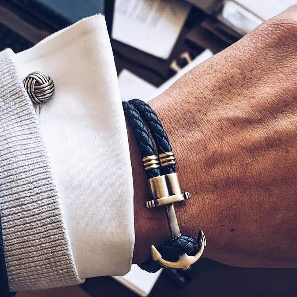 Oliver Bronze Anchor Braided Leather Bracelet