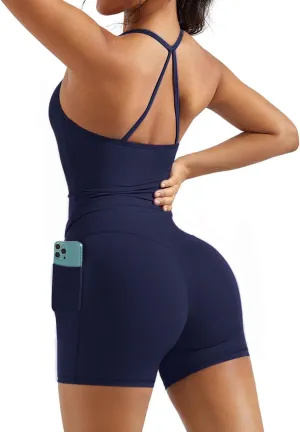 OMKAGI 2 Piece Workout Sets for Women Padded Sports Bra Tank Booty Gym Shorts with Pockets