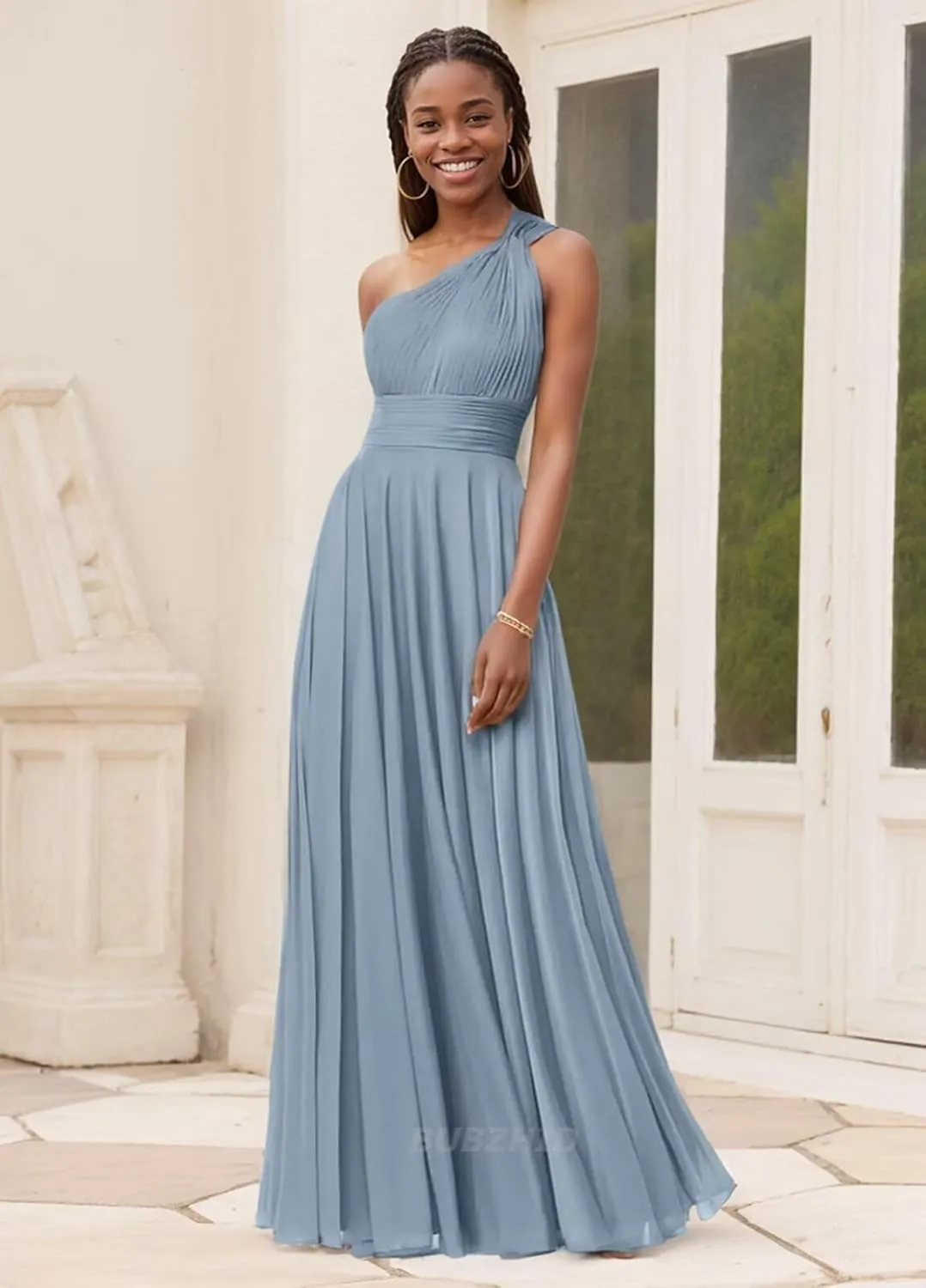One Shoulder Bridesmaid Dresses for Women Chiffon Pleated A Line Formal Dresses for Wedding Guest with Pockets