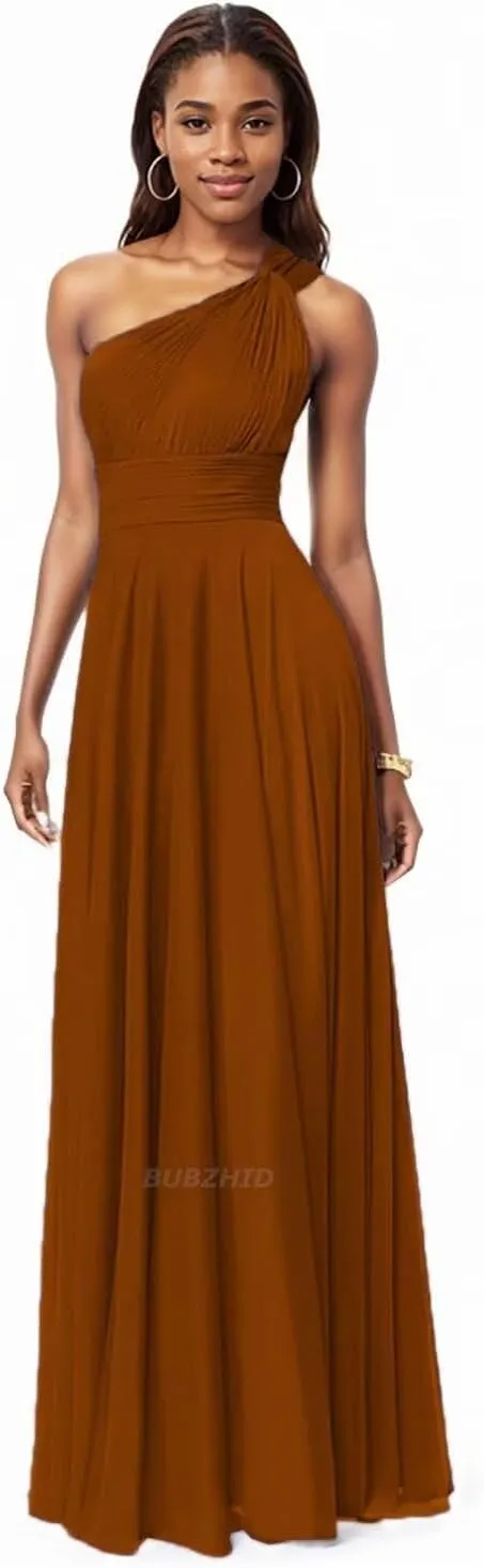 One Shoulder Bridesmaid Dresses for Women Chiffon Pleated A Line Formal Dresses for Wedding Guest with Pockets