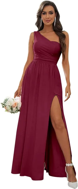 One Shoulder Bridesmaid Dresses for Women Wedding A-line Pleated Chiffon Long Evening Formal Gown with Slit