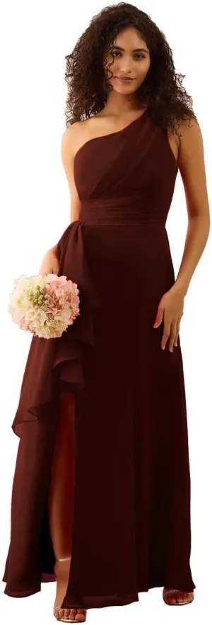 One Shoulder Chiffon Bridesmaid Dresses Sleeveless A Line Pleated Maid of Honor Dresses with Split