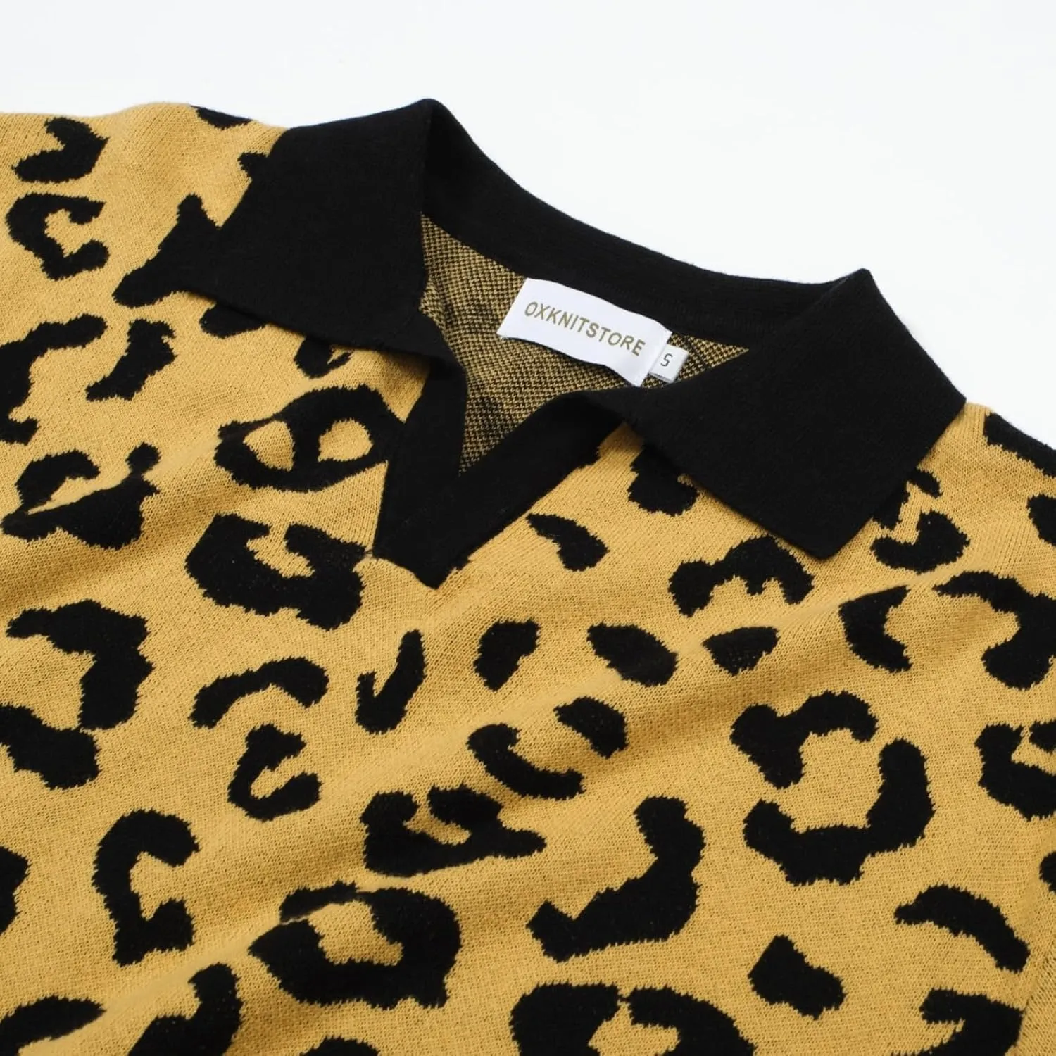 OXKNIT Men's Retro Polo Shirts 1960s Mod Style Vintage Shirts Knitted Polo Shirts V-Neck Leopard Shirt