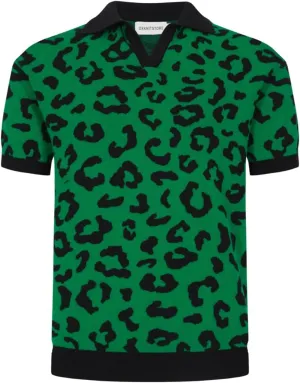 OXKNIT Men's Retro Polo Shirts 1960s Mod Style Vintage Shirts Knitted Polo Shirts V-Neck Leopard Shirt