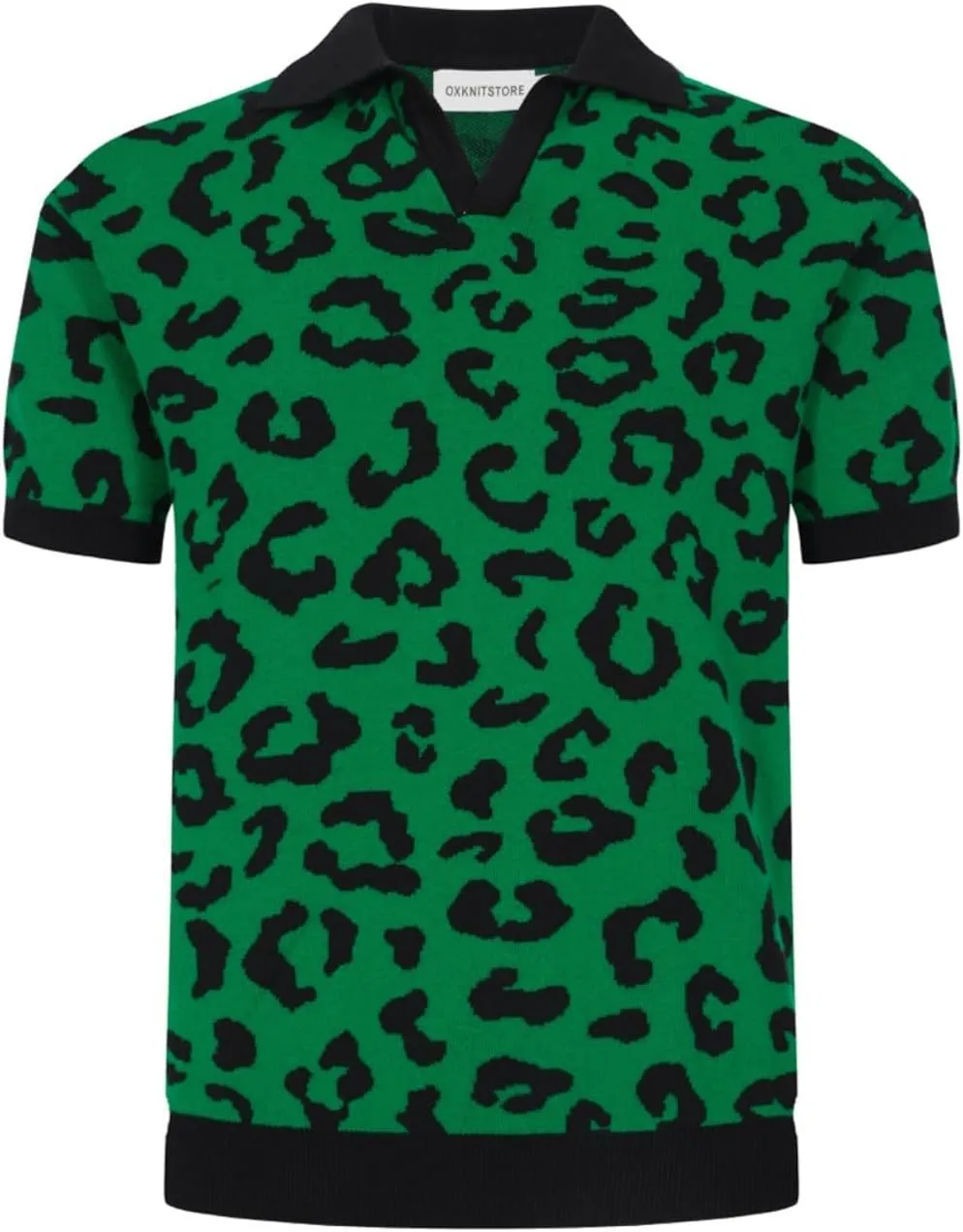 OXKNIT Men's Retro Polo Shirts 1960s Mod Style Vintage Shirts Knitted Polo Shirts V-Neck Leopard Shirt