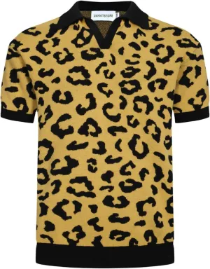 OXKNIT Men's Retro Polo Shirts 1960s Mod Style Vintage Shirts Knitted Polo Shirts V-Neck Leopard Shirt
