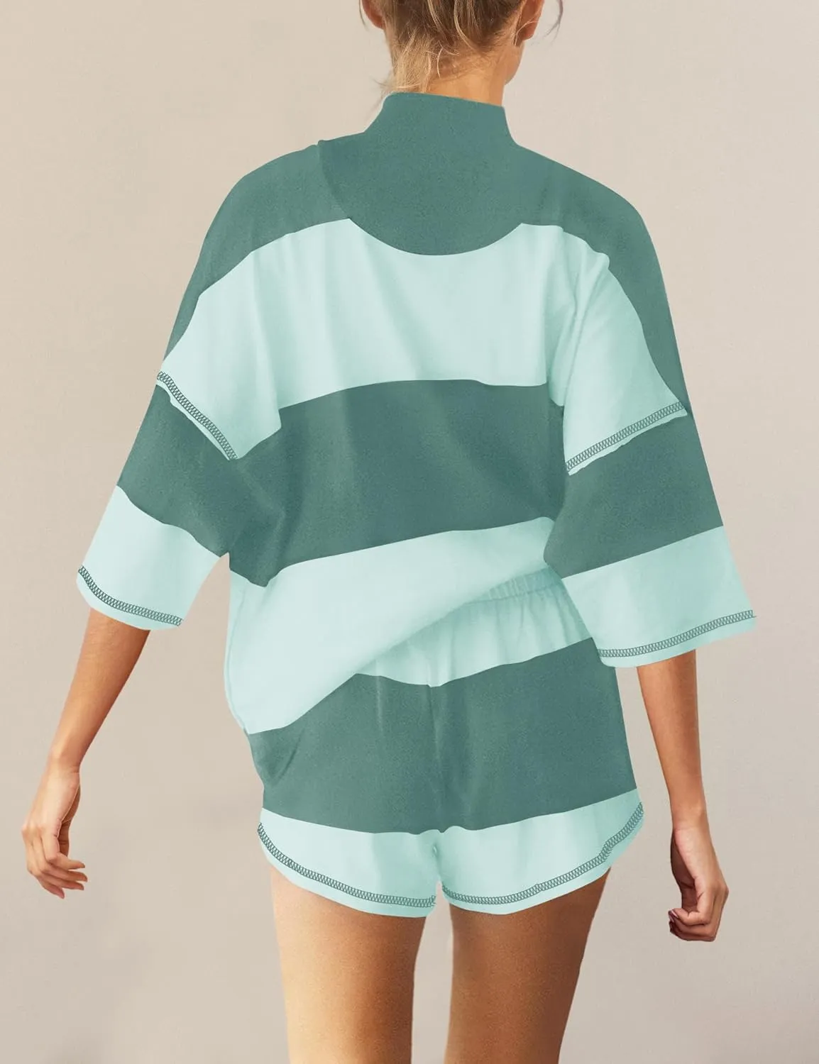 Panadila Women Striped Workout Set Two Piece Outfit Tracksuit Oversized Lounge Set Top and Shorts Sets with Pockets