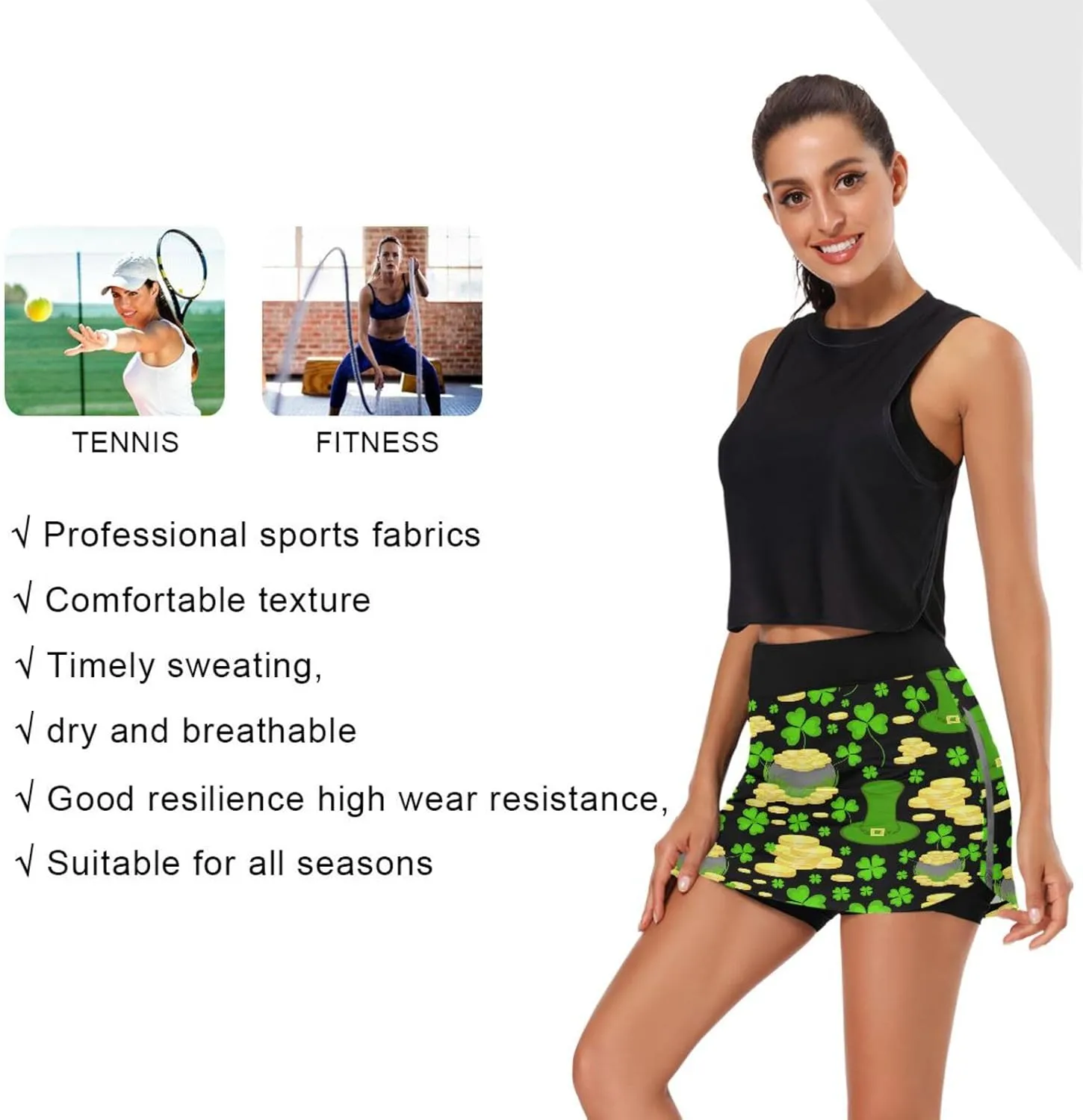Plaaee Tennis Skirts for Women Green Leprechaun Hats St.Patrick's Day Golf Athletic Skorts Workout Running Shorts S