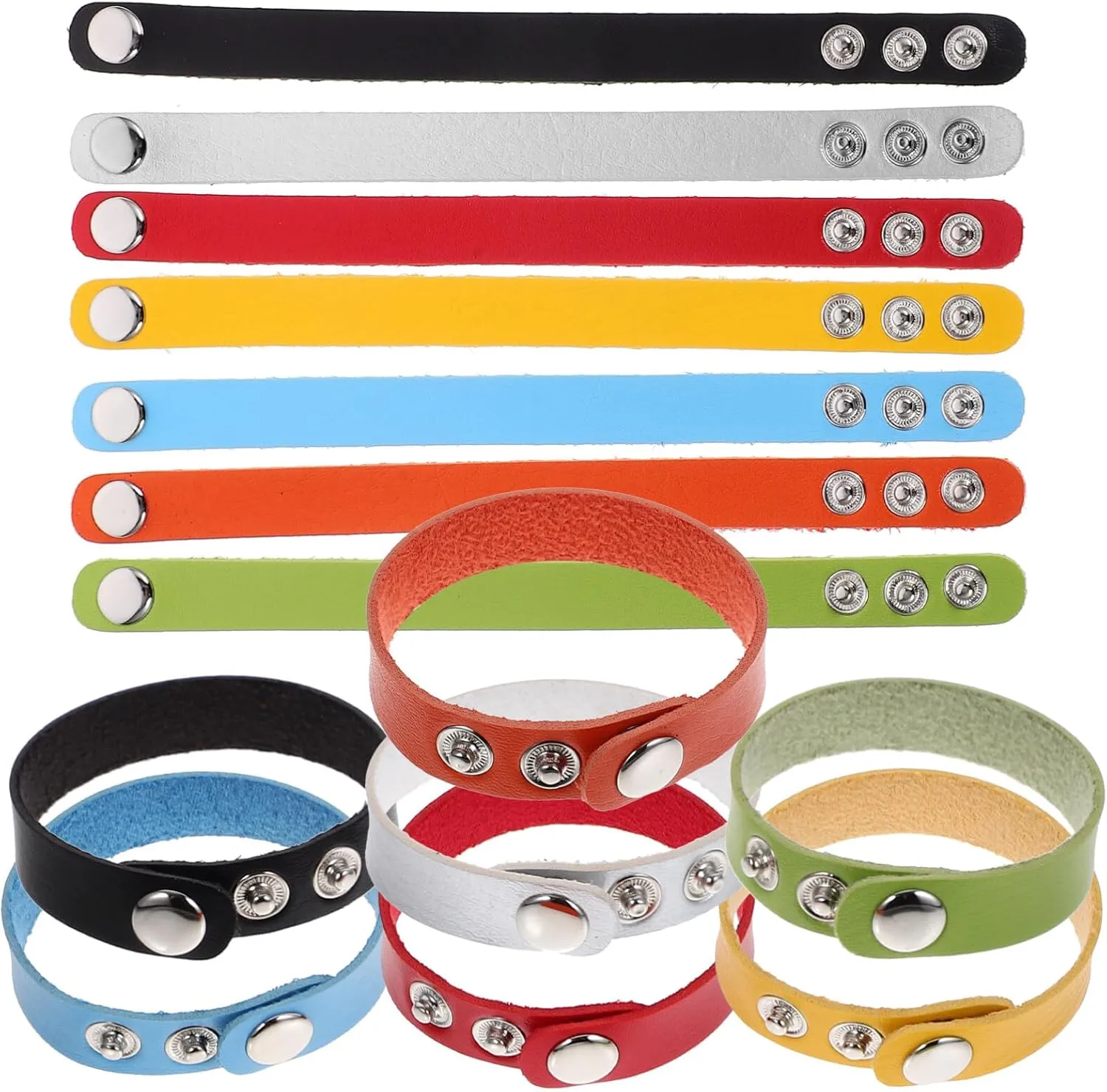 Plain Leather Bracelets 14Pcs PU Leather Wristband Blank Leather Snap Bracelets Adjustable Leather Cuff Wristband for Men Women