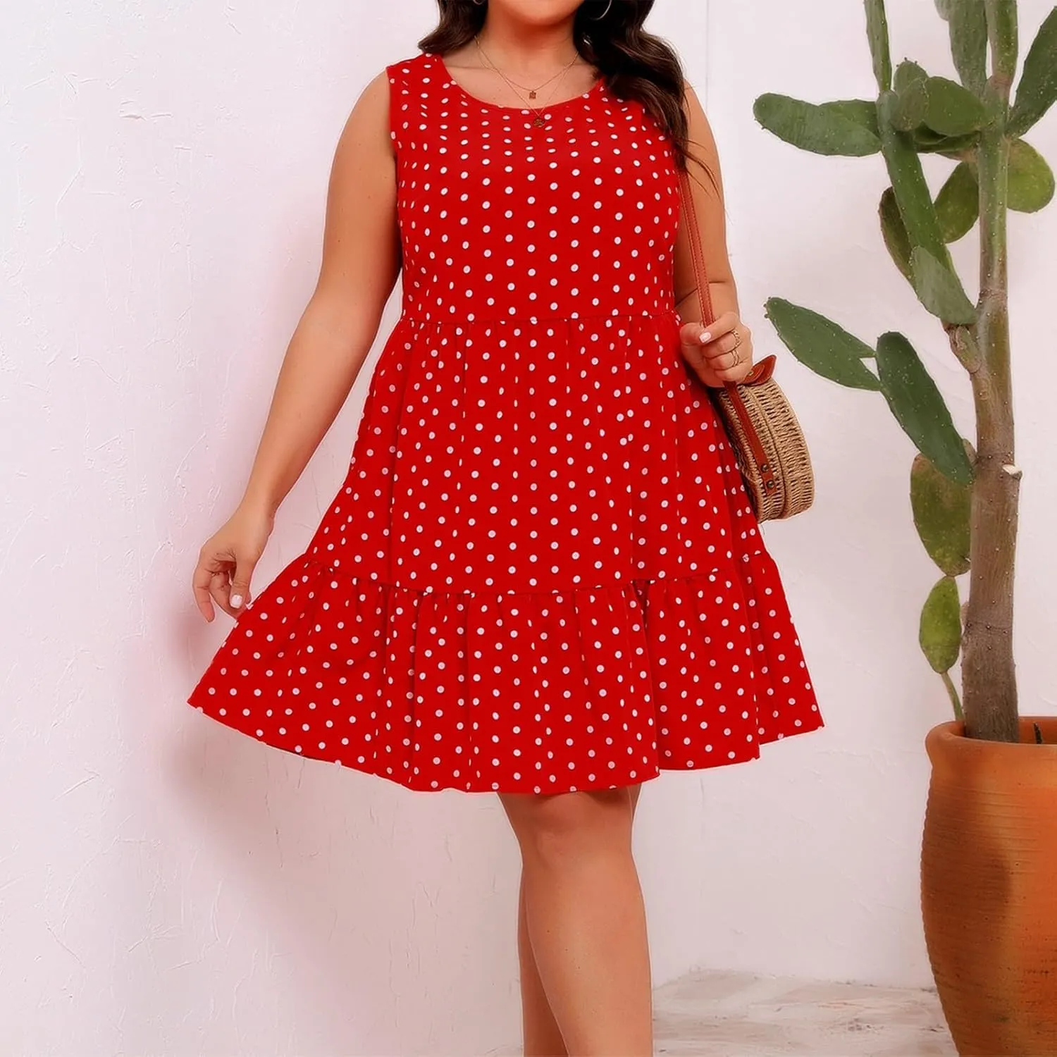 Plus Size Sundresses for Women 2025 Vacation Polka Dot Short Tank Dress Casual Summer Tiered Ruffle Mini Beach Dress