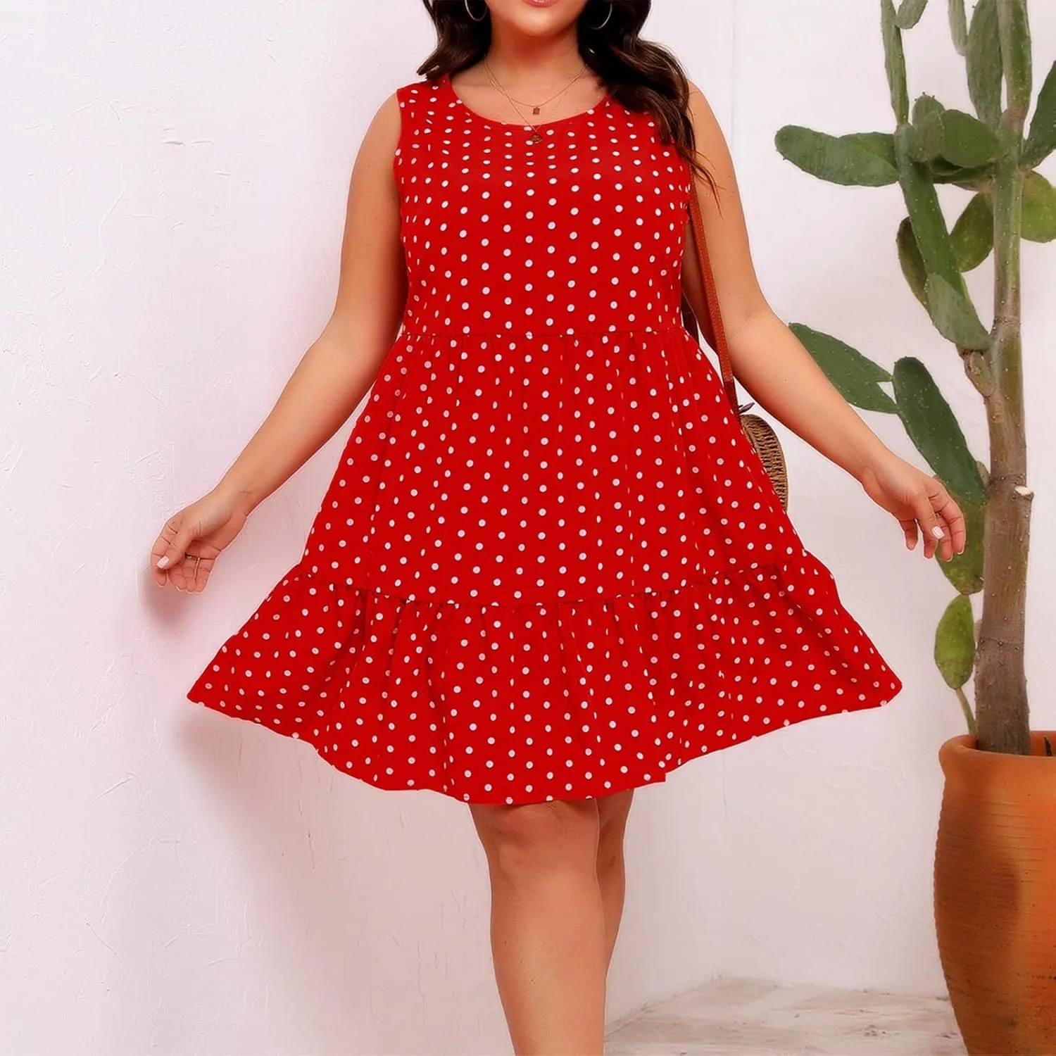 Plus Size Sundresses for Women 2025 Vacation Polka Dot Short Tank Dress Casual Summer Tiered Ruffle Mini Beach Dress