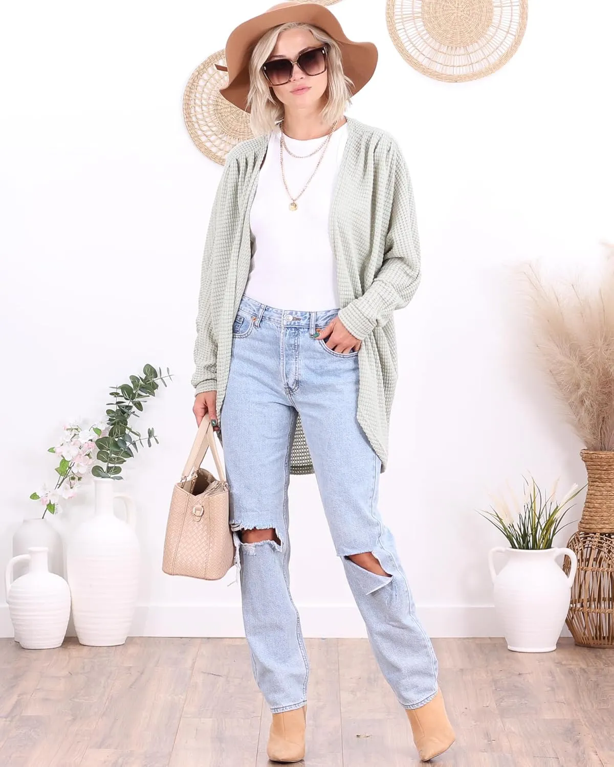 Popana Long Oversized Fall Batwing Waffle Knit Cardigan Sweaters for Women with Pockets Plus Size