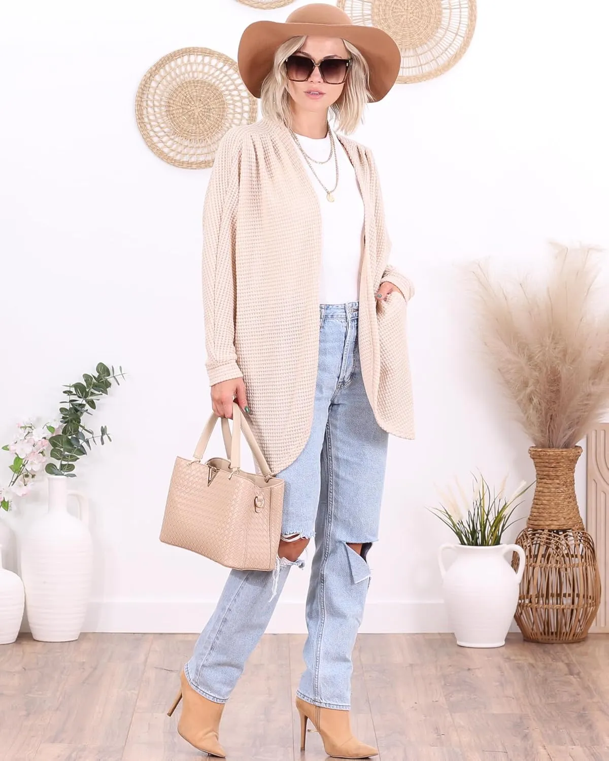 Popana Long Oversized Fall Batwing Waffle Knit Cardigan Sweaters for Women with Pockets Plus Size