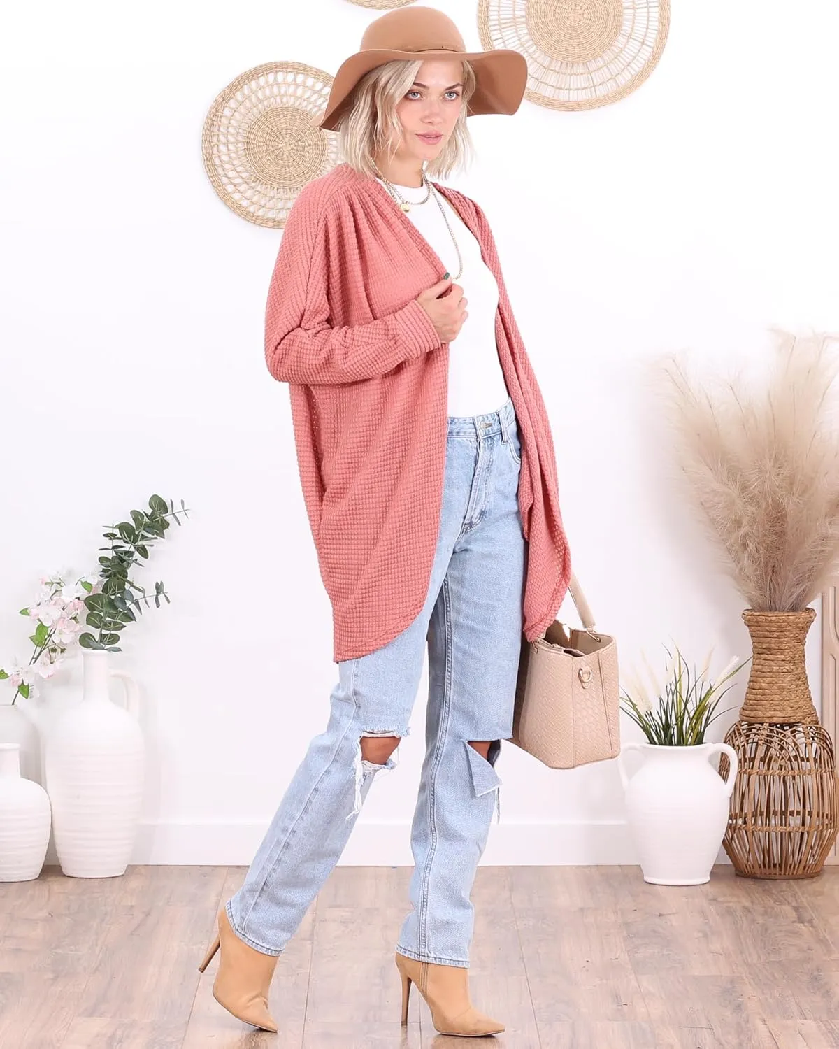 Popana Long Oversized Fall Batwing Waffle Knit Cardigan Sweaters for Women with Pockets Plus Size