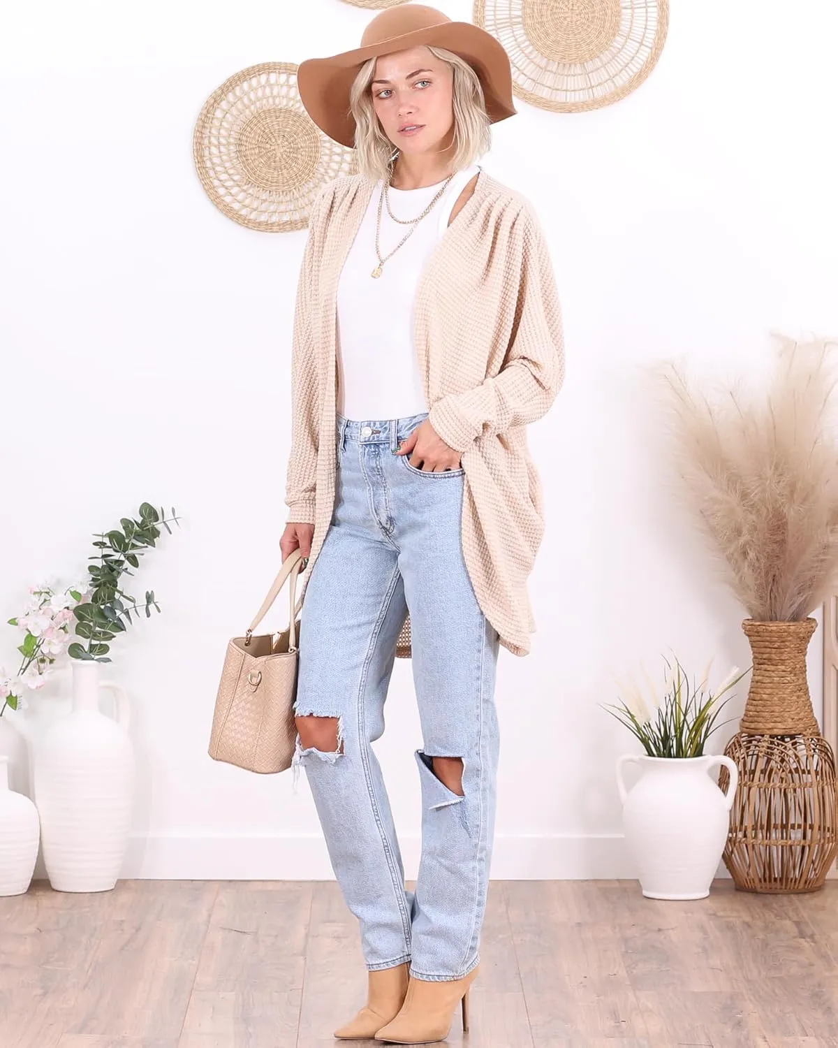 Popana Long Oversized Fall Batwing Waffle Knit Cardigan Sweaters for Women with Pockets Plus Size
