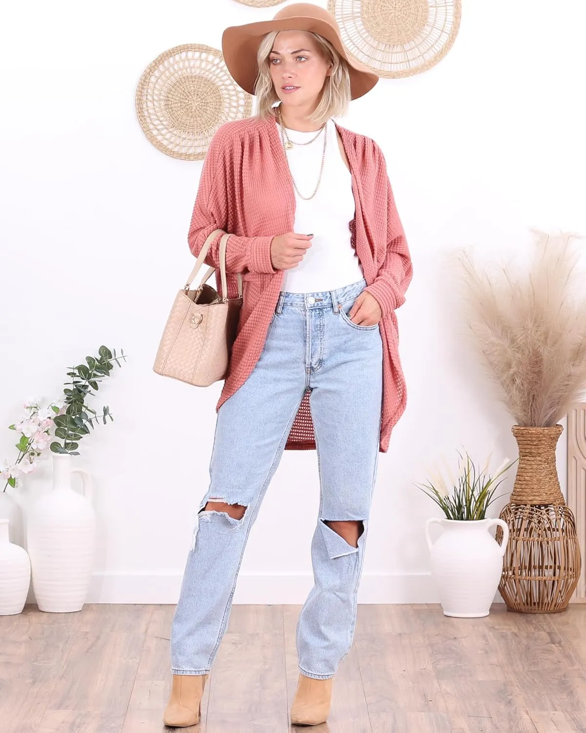 Popana Long Oversized Fall Batwing Waffle Knit Cardigan Sweaters for Women with Pockets Plus Size