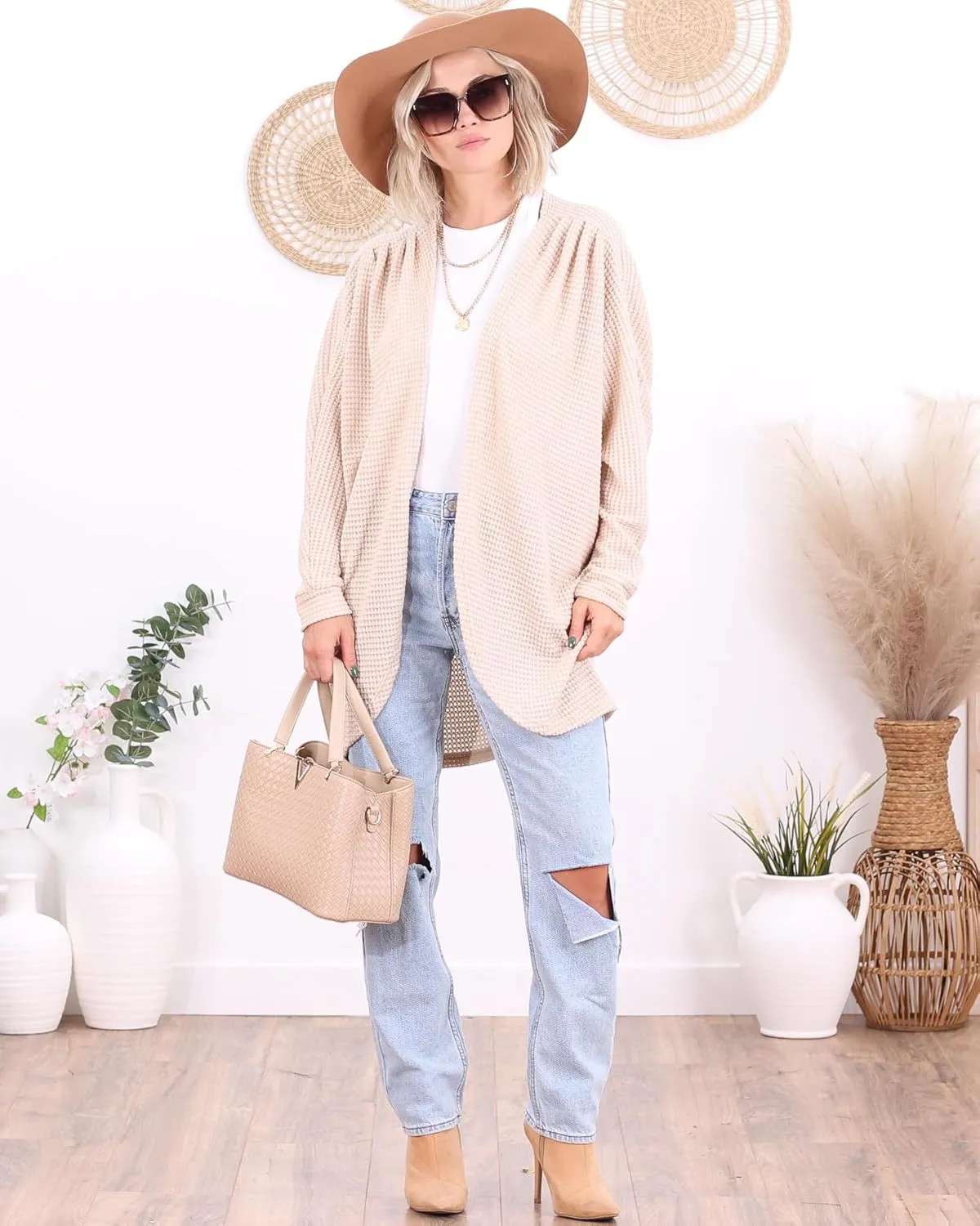 Popana Long Oversized Fall Batwing Waffle Knit Cardigan Sweaters for Women with Pockets Plus Size