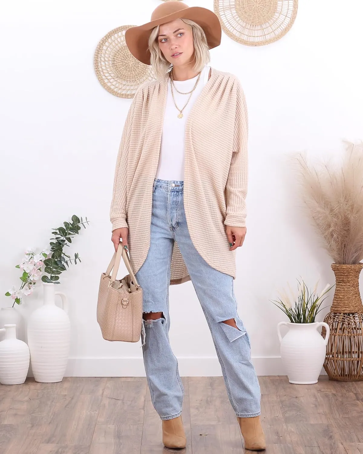 Popana Long Oversized Fall Batwing Waffle Knit Cardigan Sweaters for Women with Pockets Plus Size