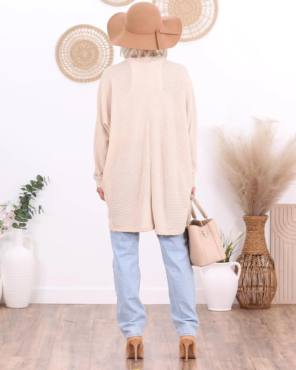 Popana Long Oversized Fall Batwing Waffle Knit Cardigan Sweaters for Women with Pockets Plus Size