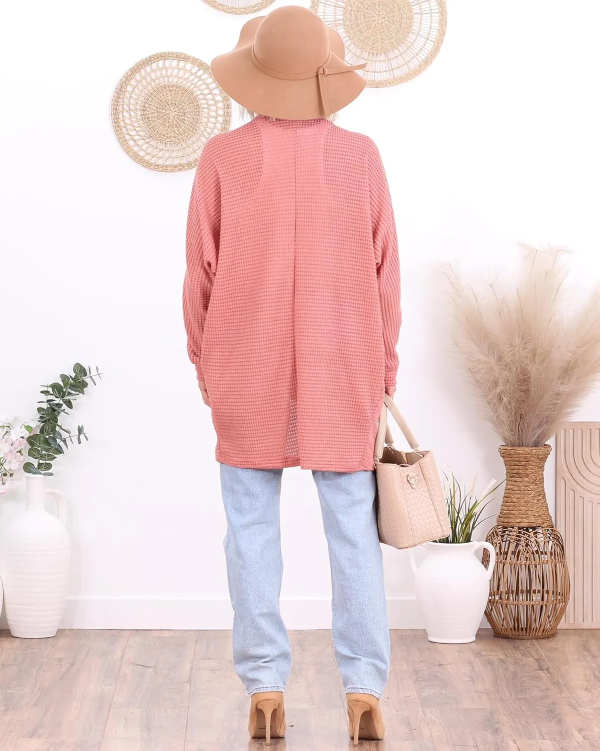 Popana Long Oversized Fall Batwing Waffle Knit Cardigan Sweaters for Women with Pockets Plus Size