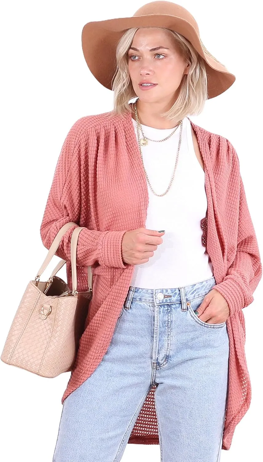 Popana Long Oversized Fall Batwing Waffle Knit Cardigan Sweaters for Women with Pockets Plus Size