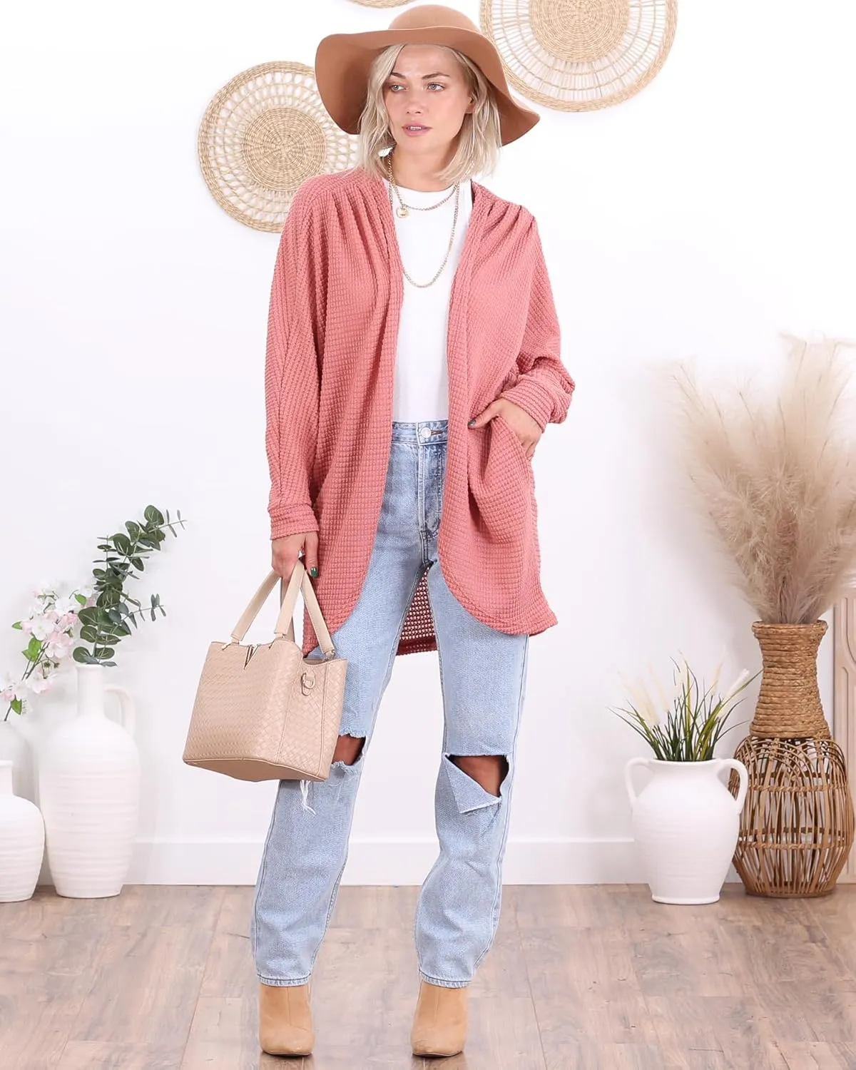 Popana Long Oversized Fall Batwing Waffle Knit Cardigan Sweaters for Women with Pockets Plus Size