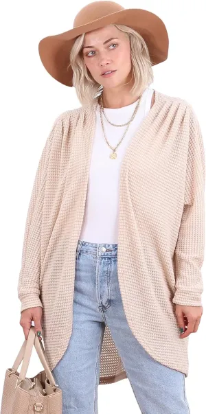 Popana Long Oversized Fall Batwing Waffle Knit Cardigan Sweaters for Women with Pockets Plus Size