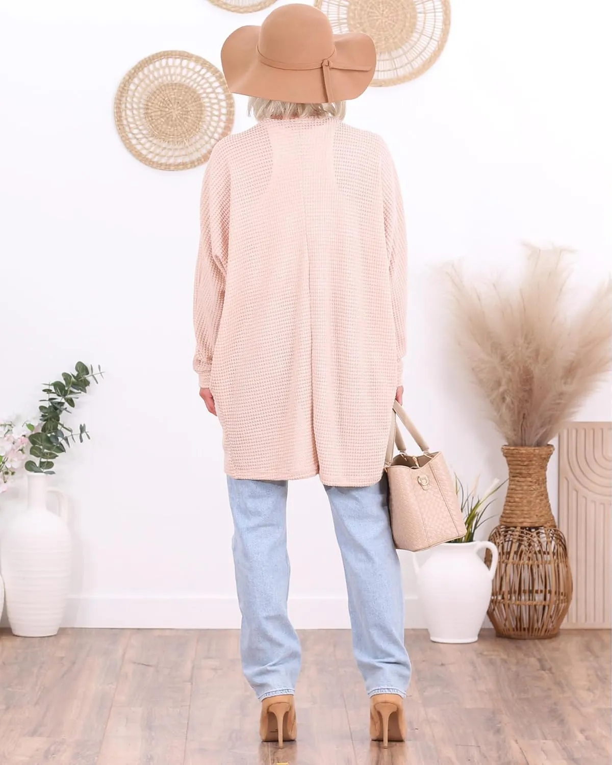 Popana Long Oversized Fall Batwing Waffle Knit Cardigan Sweaters for Women with Pockets Plus Size
